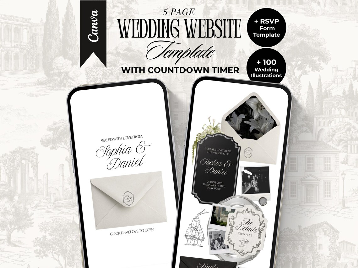 White and Black Wedding Website Template with RSVP and Countdown Timer Editable Old Money Canva Site Digital Invitation for Classic Wedding